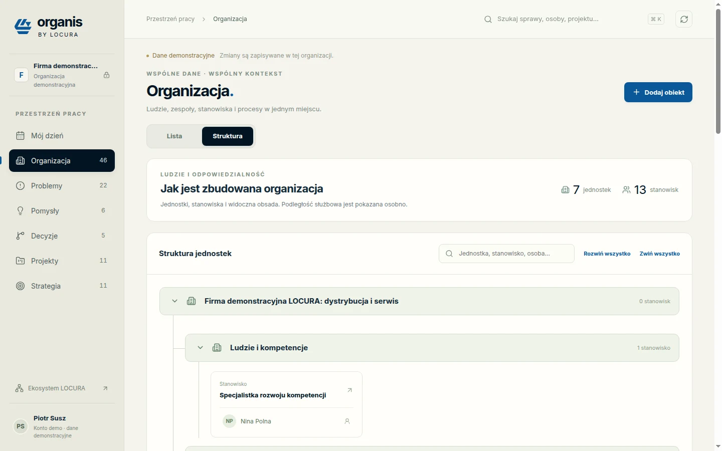 Struktura jednostek i stanowisk z kontrolą obsady w LOCURA Organis